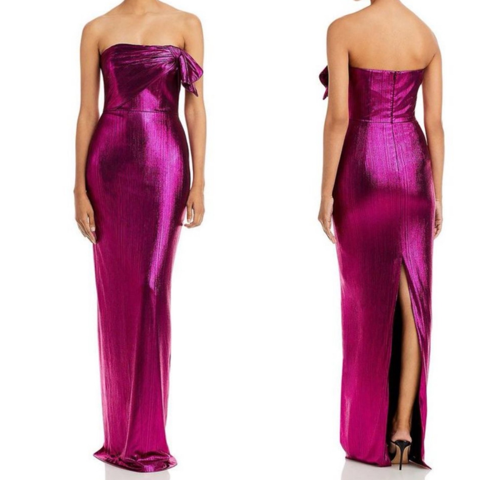 Black Halo Eve Divina Metallic Magenta Glow Pink Maxi Dress 8 Strapless Slit